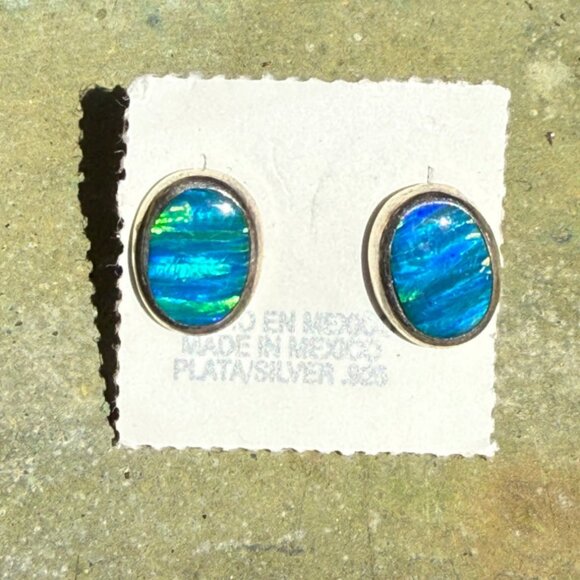 Sterling Silver & Blue Opal Pierced Post Stud Earrings Mexico - Picture 1 of 5
